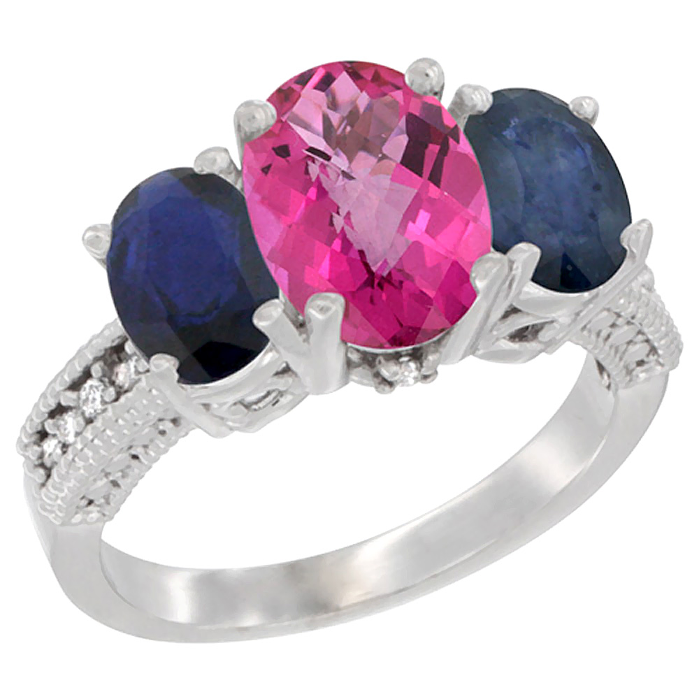 14K White Gold Diamond Natural Pink Topaz Ring 3-Stone Oval 8x6mm with Blue Sapphire, sizes5-10