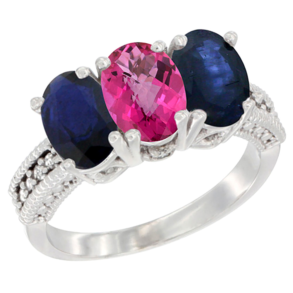14K White Gold Natural Pink Topaz &amp; Blue Sapphire Sides Ring 3-Stone 7x5 mm Oval Diamond Accent, sizes 5 - 10