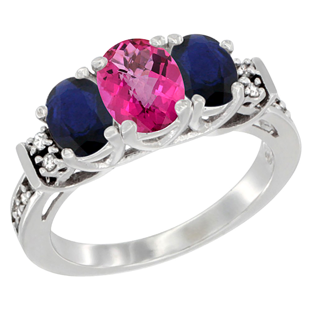 14K White Gold Natural Pink Topaz &amp; Blue Sapphire Ring 3-Stone Oval with Diamond Accent