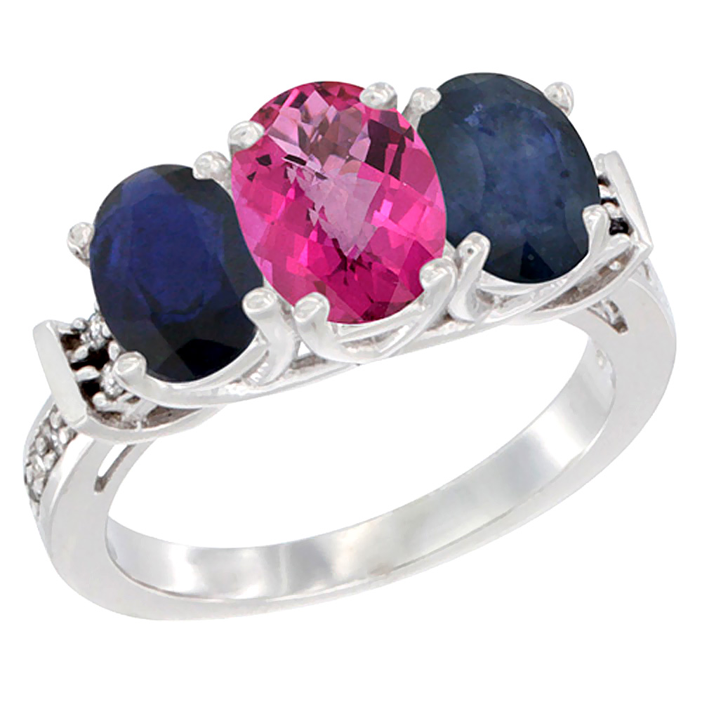 10K White Gold Natural Pink Topaz & Blue Sapphire Sides Ring 3-Stone Oval Diamond Accent, sizes 5 - 10