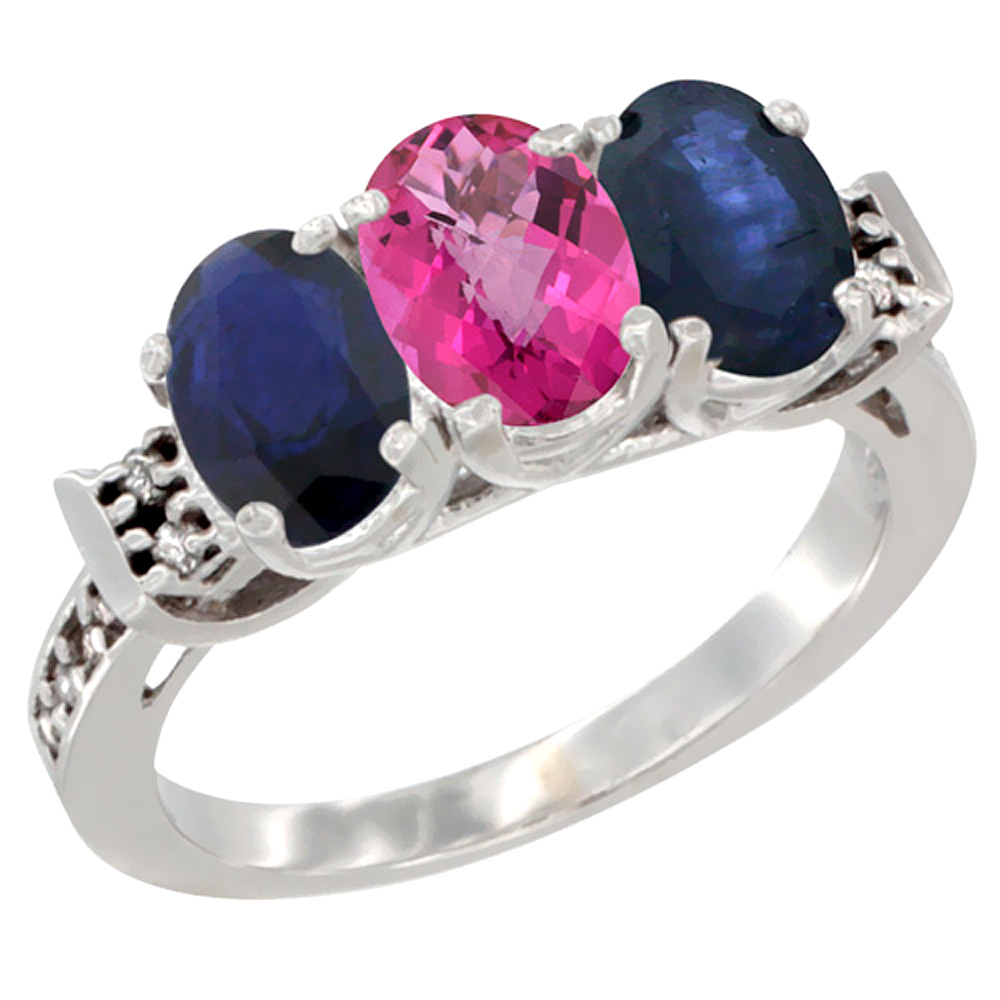 10K White Gold Natural Pink Topaz &amp; Blue Sapphire Sides Ring 3-Stone Oval 7x5 mm Diamond Accent, sizes 5 - 10