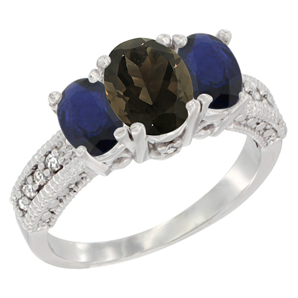 14K White Gold Diamond Natural Smoky Topaz 7x5mm &amp; 6x4mm Quality Blue Sapphire Oval 3-stone Ring,sz5-10