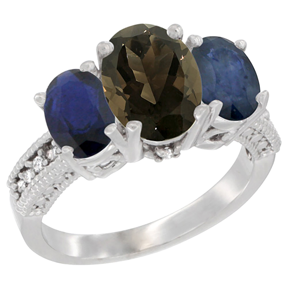 14K White Gold Diamond Natural Smoky Topaz Ring 3-Stone Oval 8x6mm with Blue Sapphire, sizes5-10