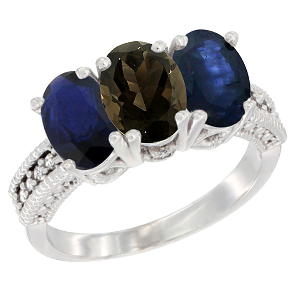 14K White Gold Natural Smoky Topaz &amp; Blue Sapphire Sides Ring 3-Stone 7x5 mm Oval Diamond Accent, sizes 5 - 10