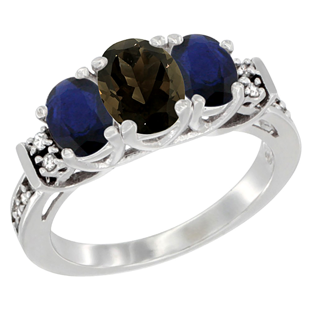 14K White Gold Natural Smoky Topaz &amp; Blue Sapphire Ring 3-Stone Oval with Diamond Accent