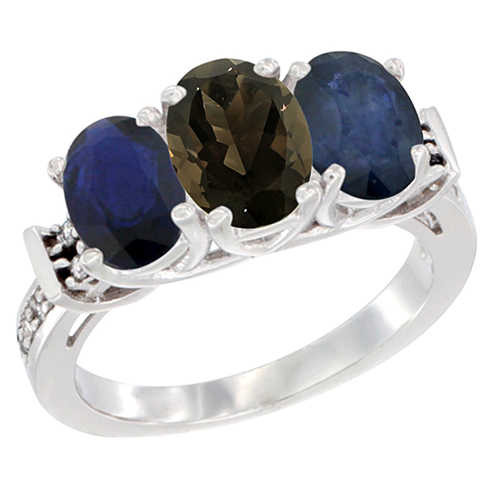 14K White Gold Natural Smoky Topaz & Blue Sapphire Sides Ring 3-Stone Oval Diamond Accent, sizes 5 - 10