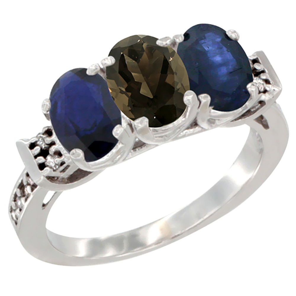 14K White Gold Natural Smoky Topaz &amp; Blue Sapphire Sides Ring 3-Stone Oval 7x5 mm Diamond Accent, sizes 5 - 10