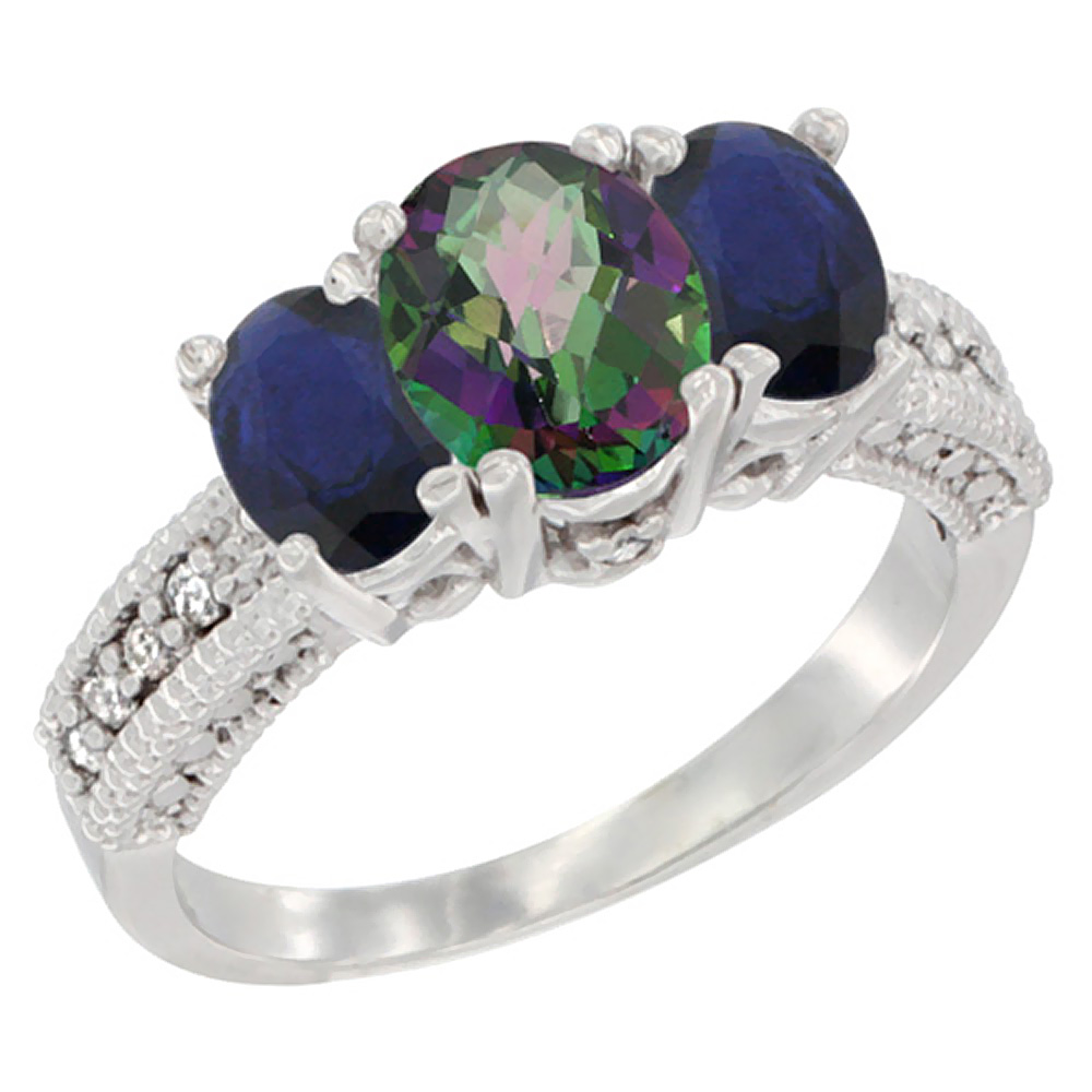 10K White Gold Ladies Oval Natural Mystic Topaz Ring 3-stone with Blue Sapphire Sides Diamond Accent