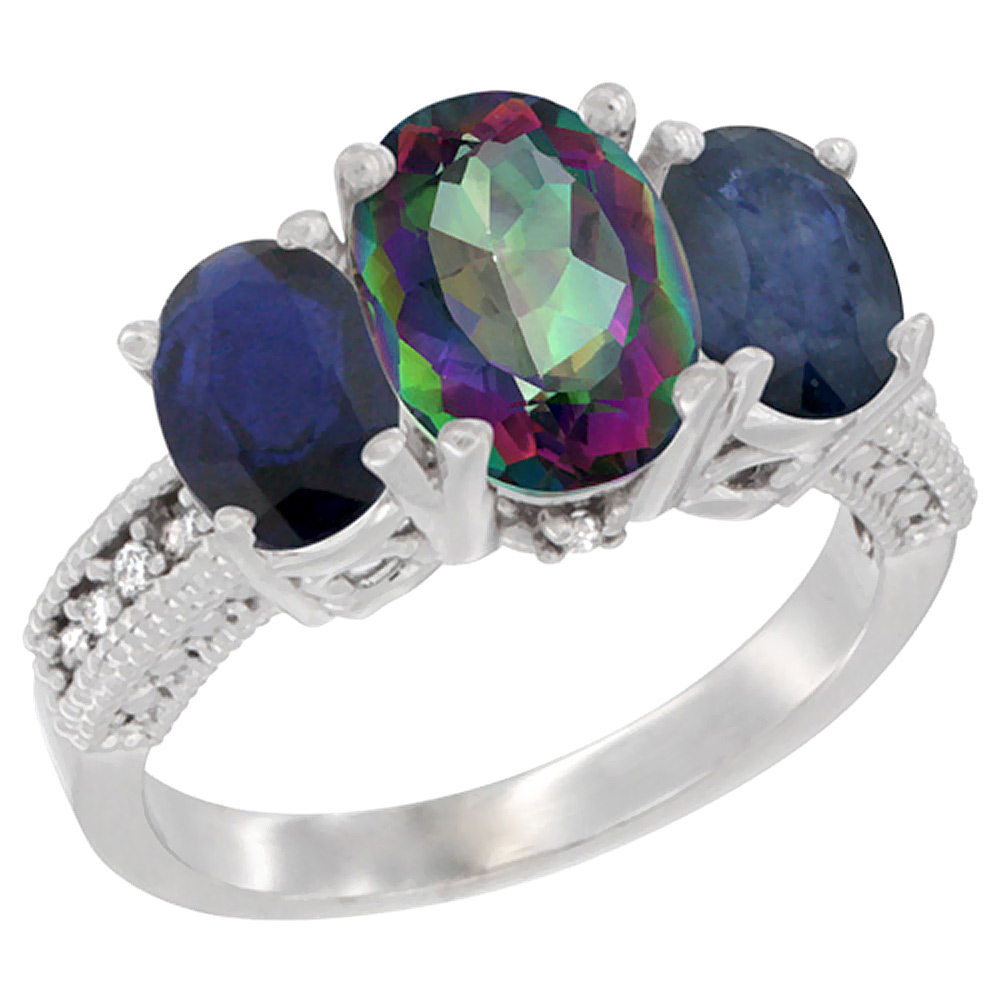 14K White Gold Diamond Natural Mystic Topaz Ring 3-Stone Oval 8x6mm with Blue Sapphire, sizes5-10