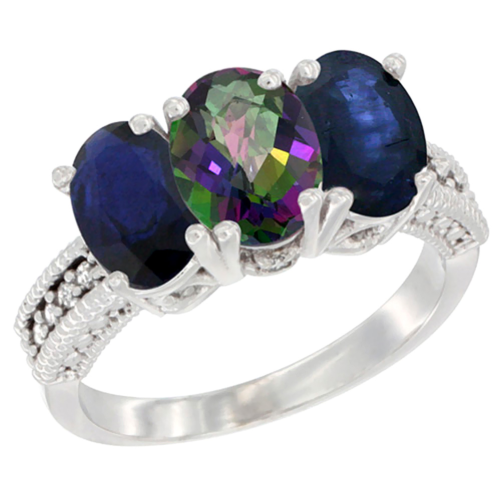 14K White Gold Natural Mystic Topaz &amp; Blue Sapphire Sides Ring 3-Stone 7x5 mm Oval Diamond Accent, sizes 5 - 10