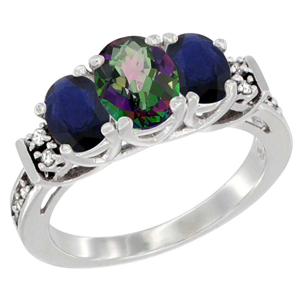 14K White Gold Natural Mystic Topaz & Blue Sapphire Ring 3-Stone Oval with Diamond Accent