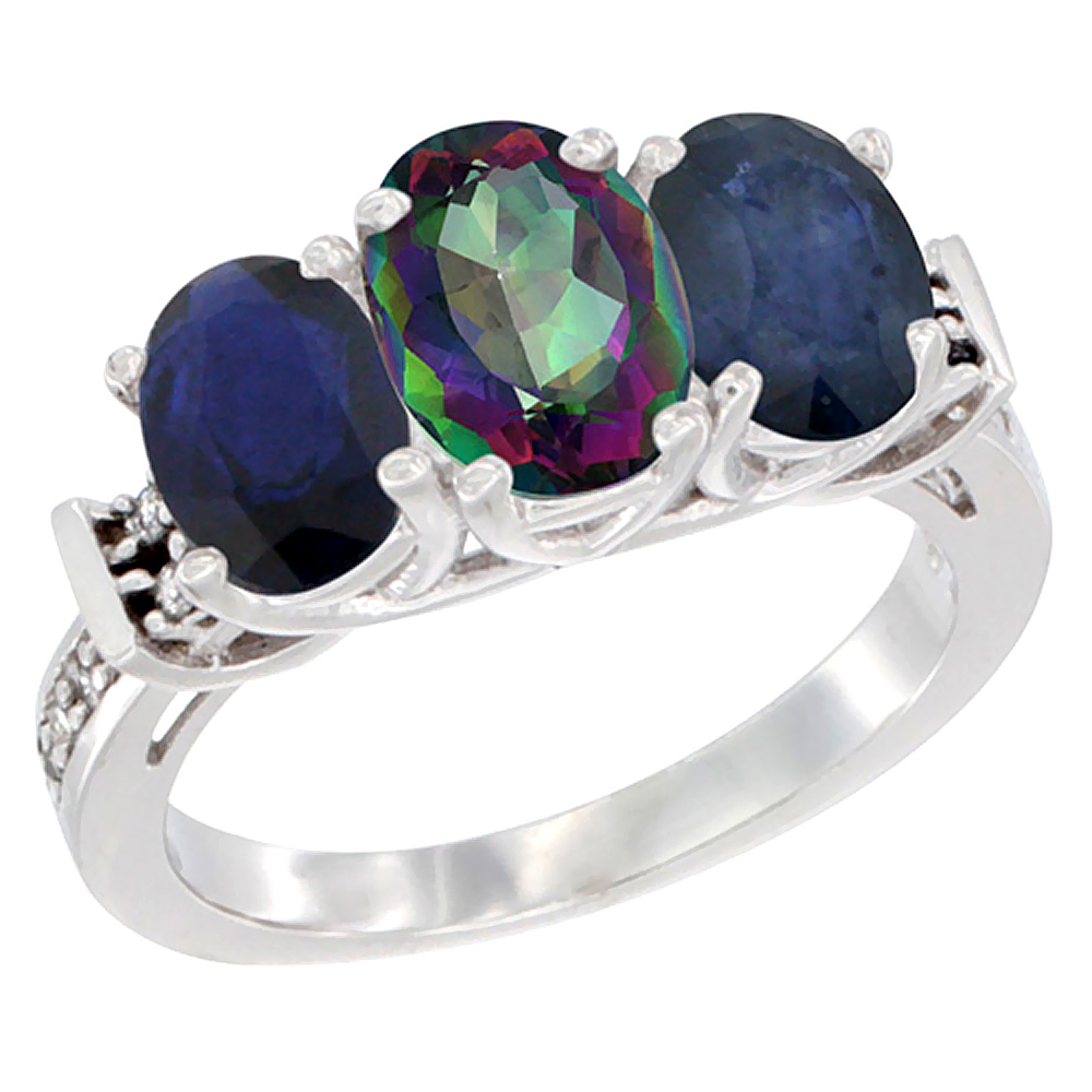 10K White Gold Natural Mystic Topaz &amp; Blue Sapphire Sides Ring 3-Stone Oval Diamond Accent, sizes 5 - 10