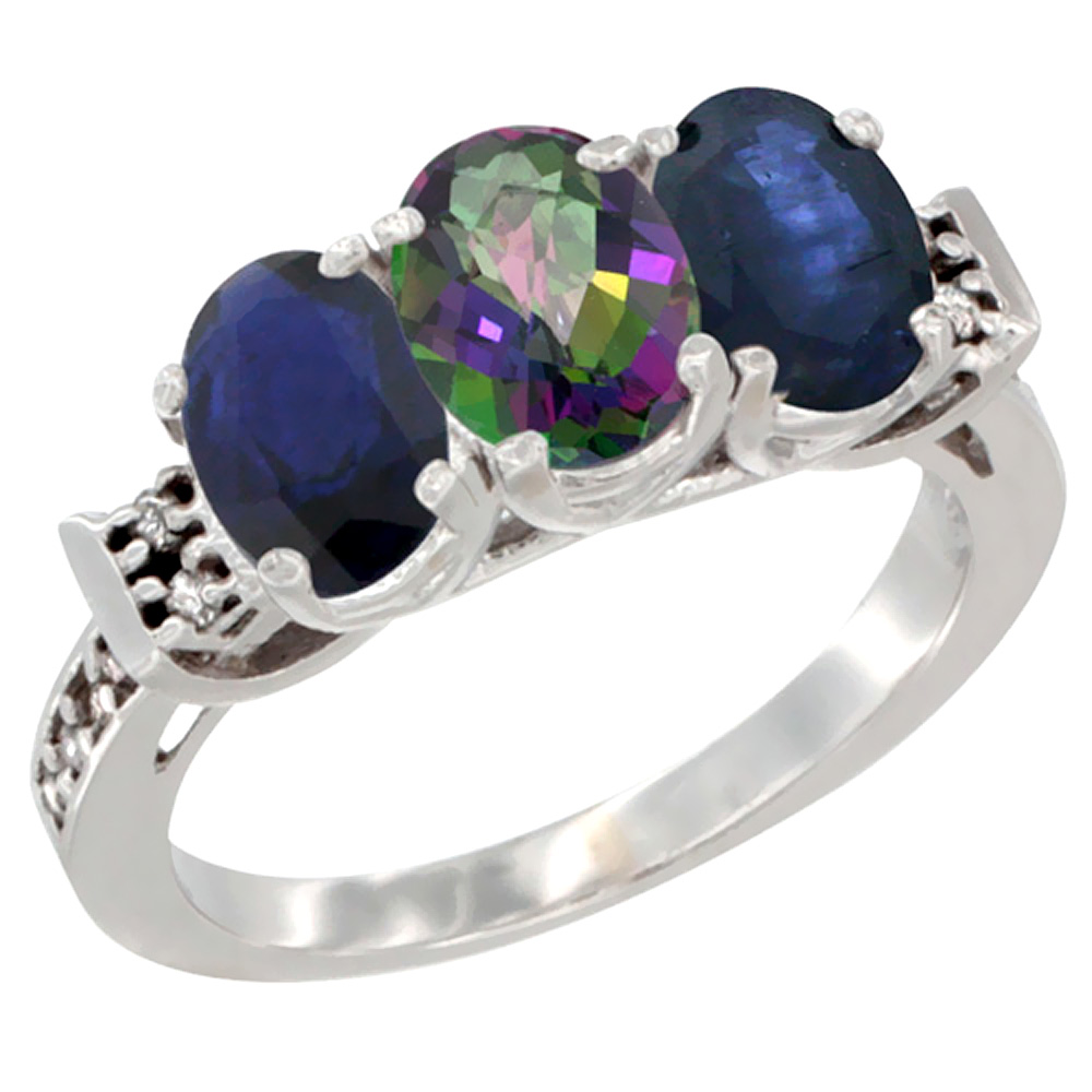 10K White Gold Natural Mystic Topaz &amp; Blue Sapphire Sides Ring 3-Stone Oval 7x5 mm Diamond Accent, sizes 5 - 10