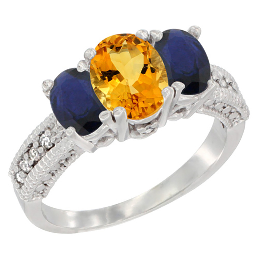 14K White Gold Diamond Natural Citrine 7x5mm&amp;6x4mm Quality Blue Sapphire Oval 3-stone Mothers Ring,sz5-10