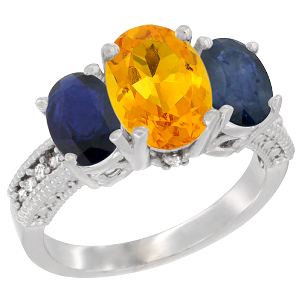 14K White Gold Diamond Natural Citrine Ring 3-Stone Oval 8x6mm with Blue Sapphire, sizes5-10