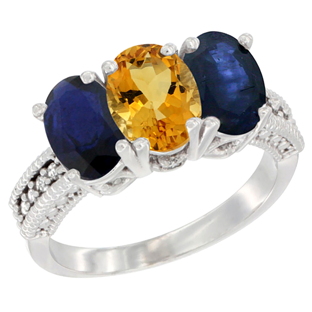 14K White Gold Natural Citrine & Blue Sapphire Sides Ring 3-Stone 7x5 mm Oval Diamond Accent, sizes 5 - 10