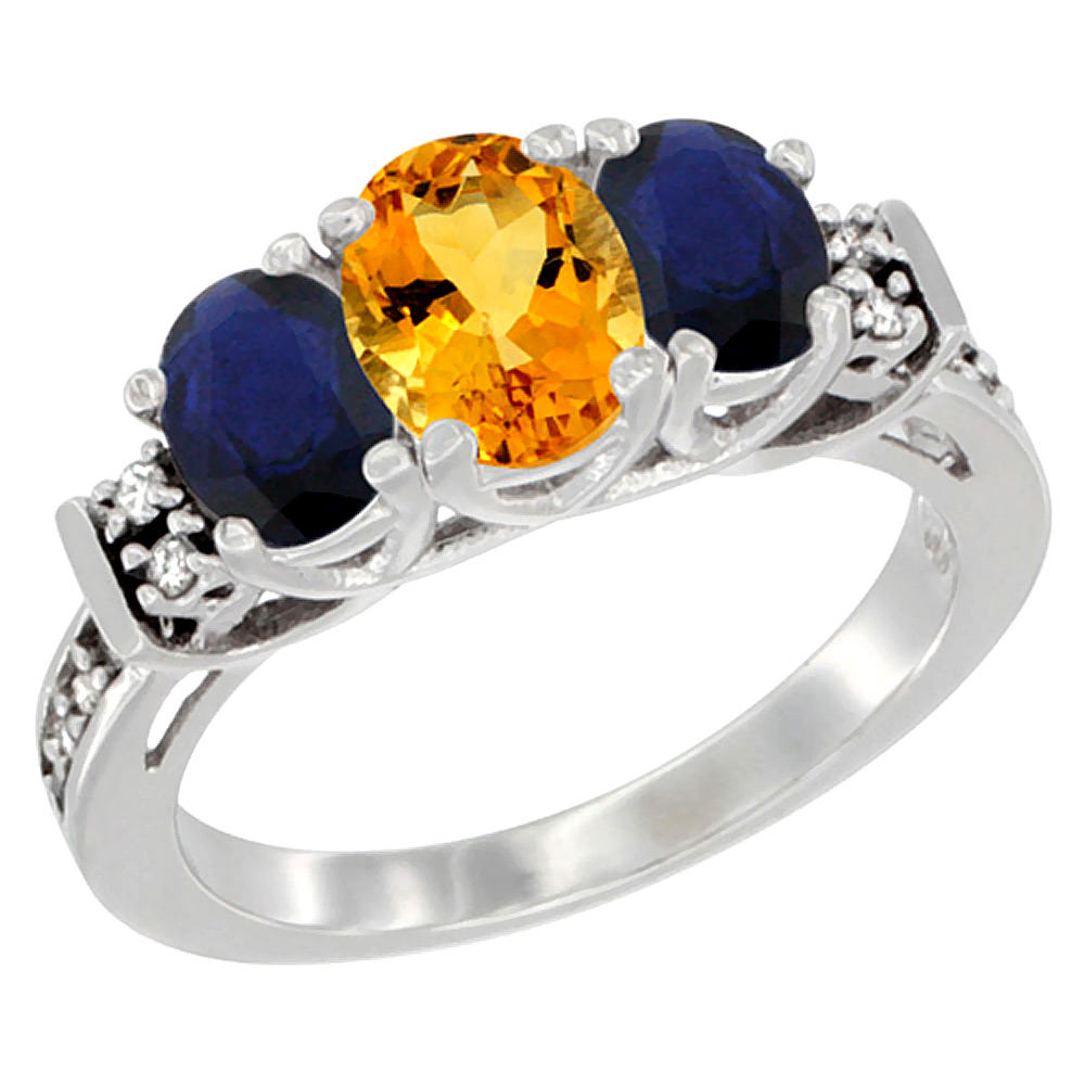 14K White Gold Natural Citrine & Quality Blue Sapphire 3-stone Mothers Ring Oval Diamond Accent, size5-10