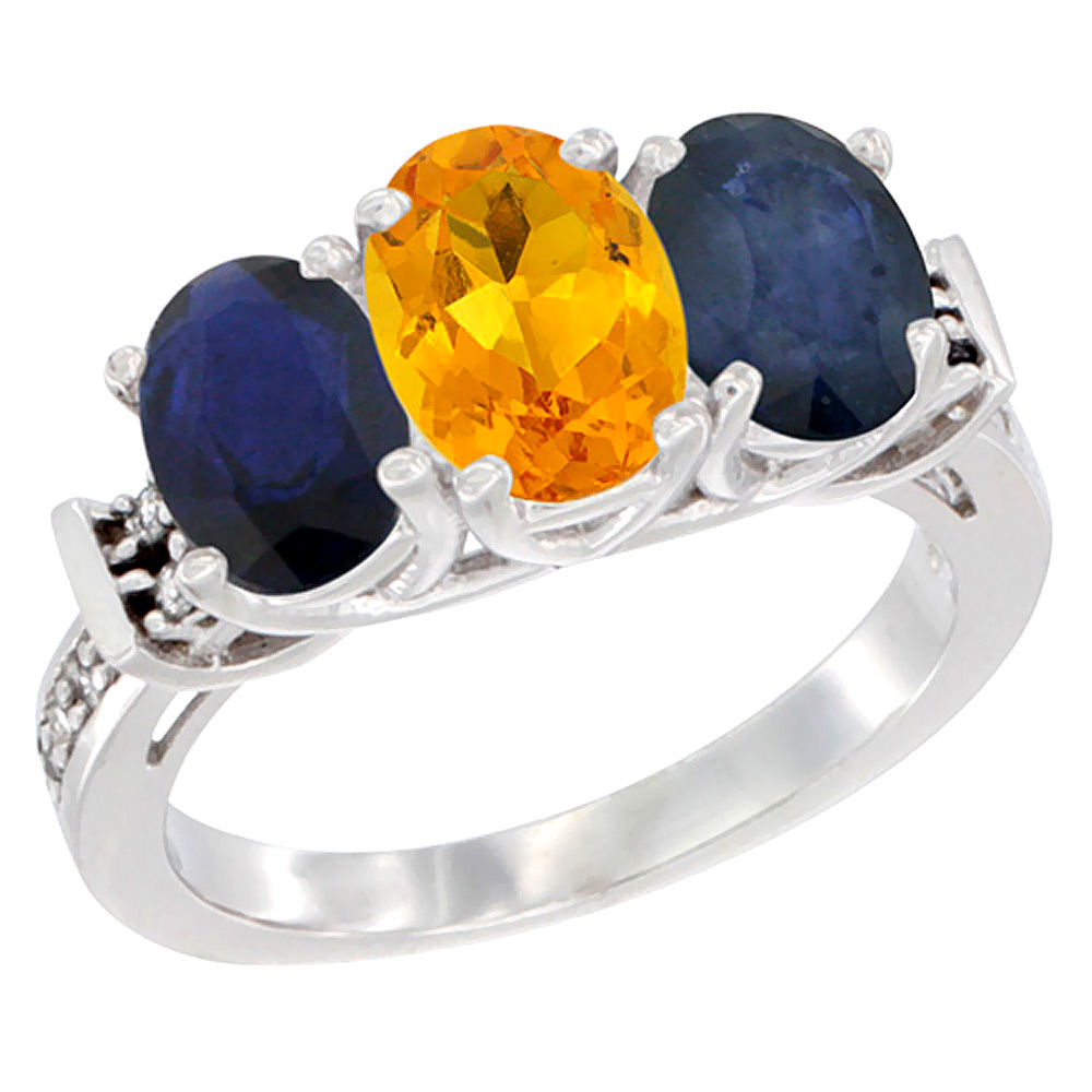 14K White Gold Natural Citrine & Blue Sapphire Sides Ring 3-Stone Oval Diamond Accent, sizes 5 - 10
