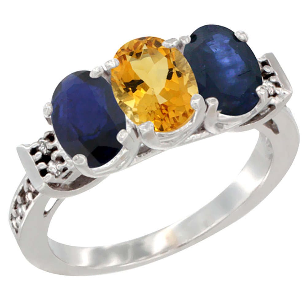 10K White Gold Natural Citrine &amp; Blue Sapphire Sides Ring 3-Stone Oval 7x5 mm Diamond Accent, sizes 5 - 10