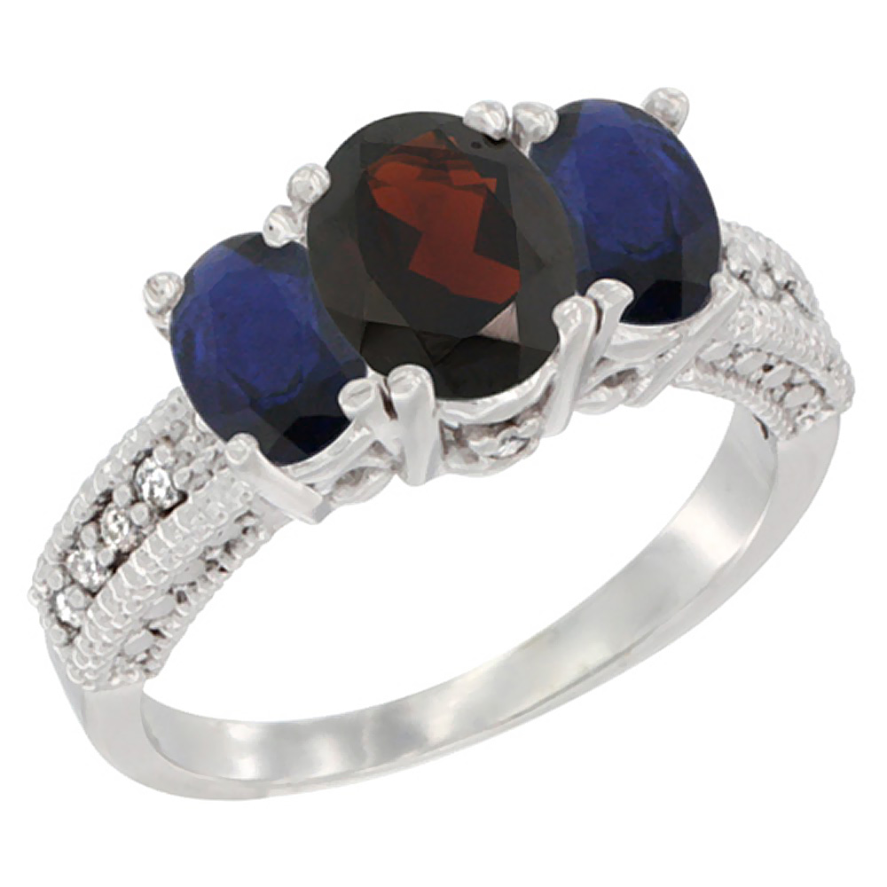 14k White Gold Ladies Oval Natural Garnet 3-Stone Ring with Blue Sapphire Sides Diamond Accent