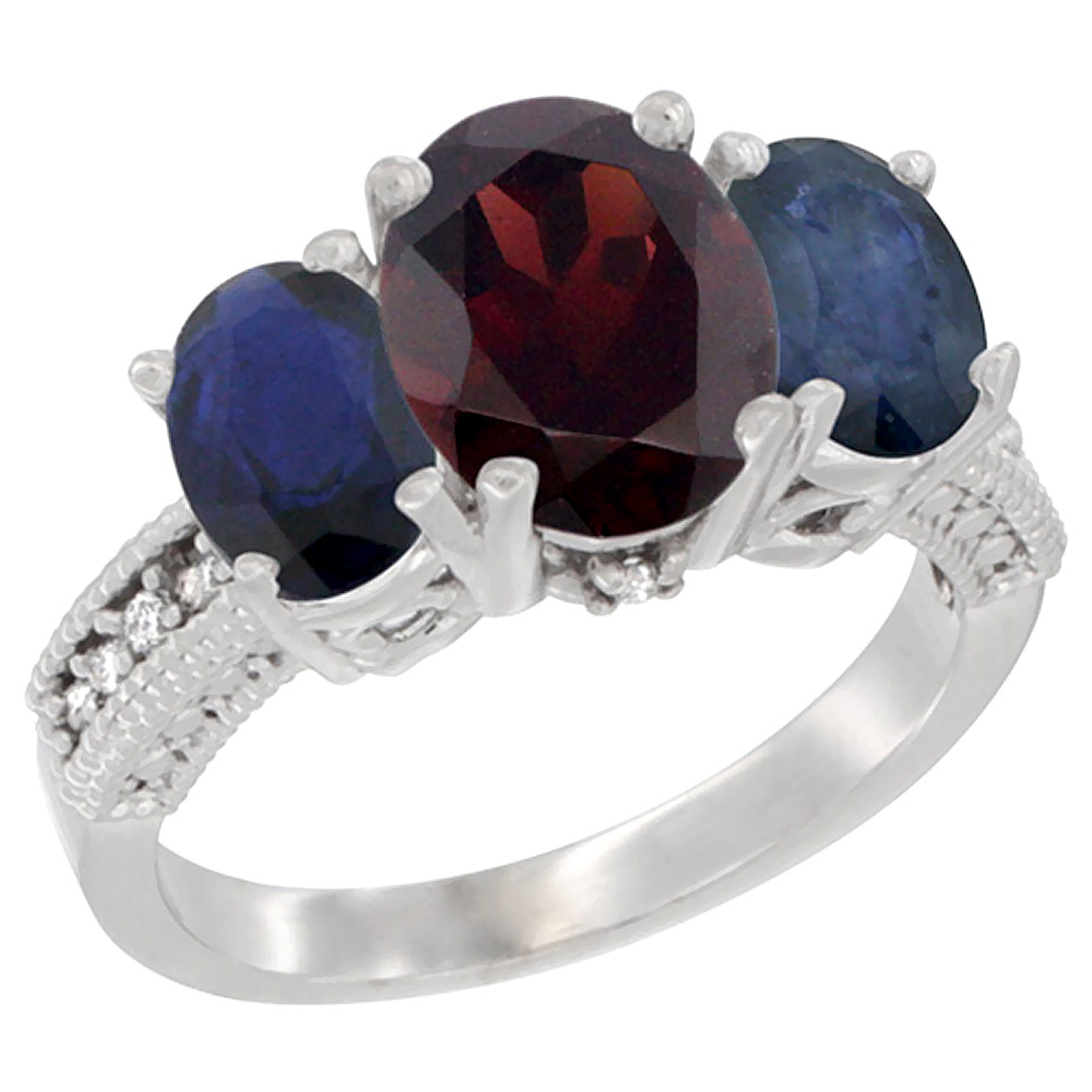 14K White Gold Diamond Natural Garnet Ring 3-Stone Oval 8x6mm with Blue Sapphire, sizes5-10