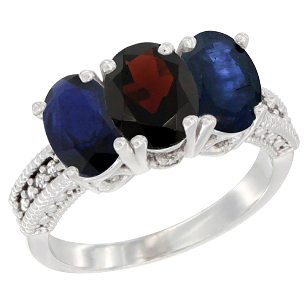 14K White Gold Natural Garnet &amp; Blue Sapphire Sides Ring 3-Stone 7x5 mm Oval Diamond Accent, sizes 5 - 10
