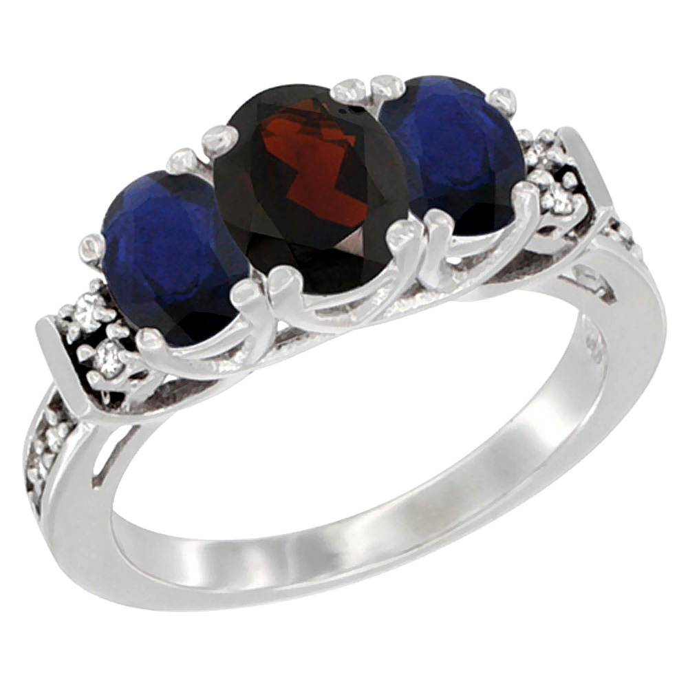 14K White Gold Natural Garnet &amp; Quality Blue Sapphire 3-stone Mothers Ring Oval Diamond Accent, size 5-10