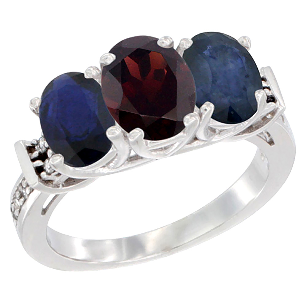 14K White Gold Natural Garnet & Blue Sapphire Sides Ring 3-Stone Oval Diamond Accent, sizes 5 - 10