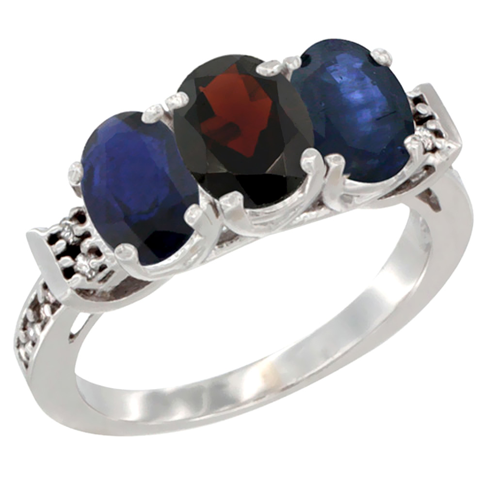14K White Gold Natural Garnet & Blue Sapphire Sides Ring 3-Stone Oval 7x5 mm Diamond Accent, sizes 5 - 10