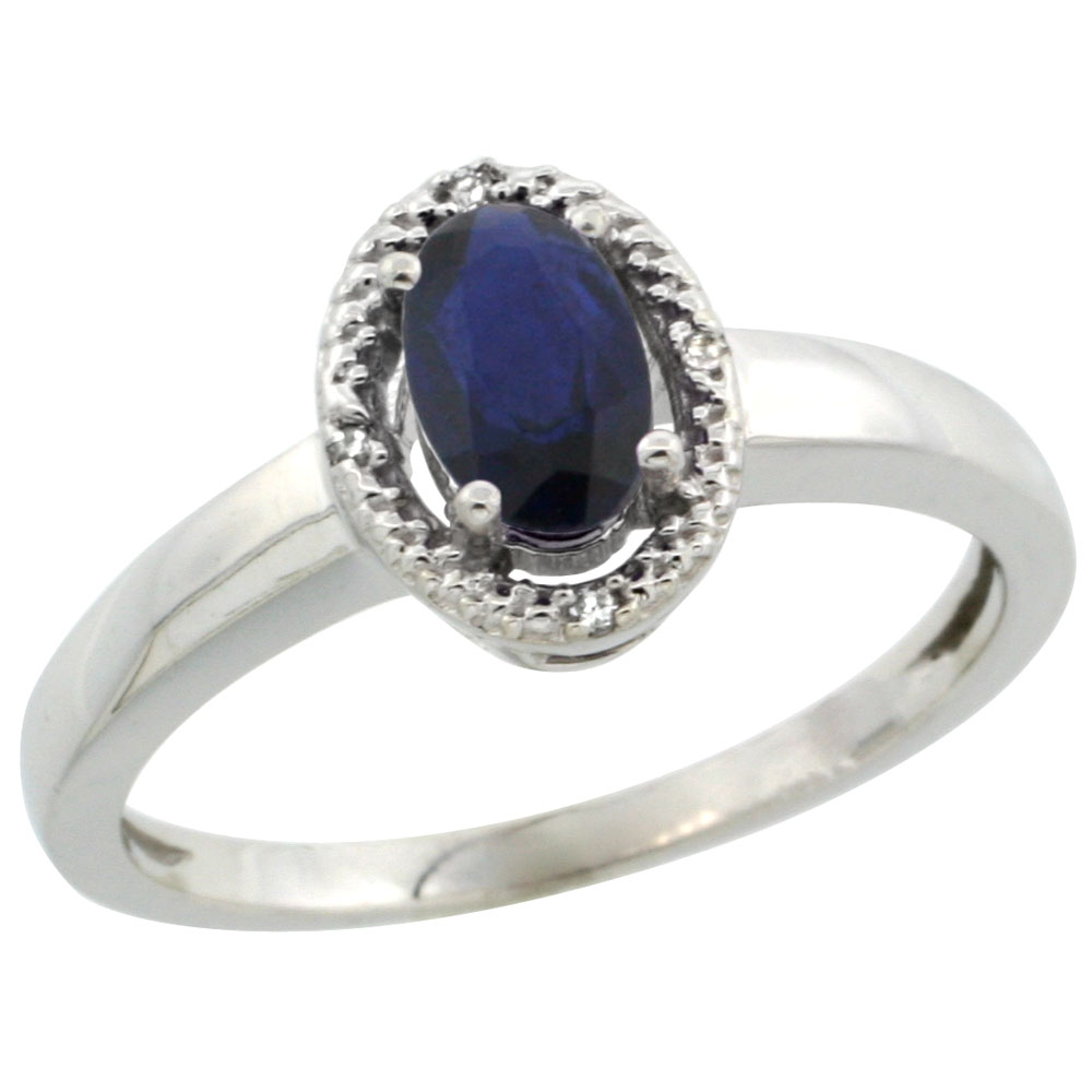 14K White Gold Diamond Halo Natural High Quality Blue Sapphire Engagement Ring Oval 6X4 mm, sizes 5-10