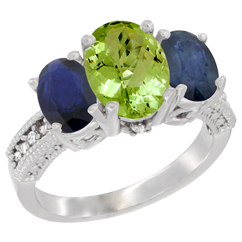 10K White Gold Diamond Natural Peridot Ring 3-Stone Oval 8x6mm with Blue Sapphire, sizes5-10