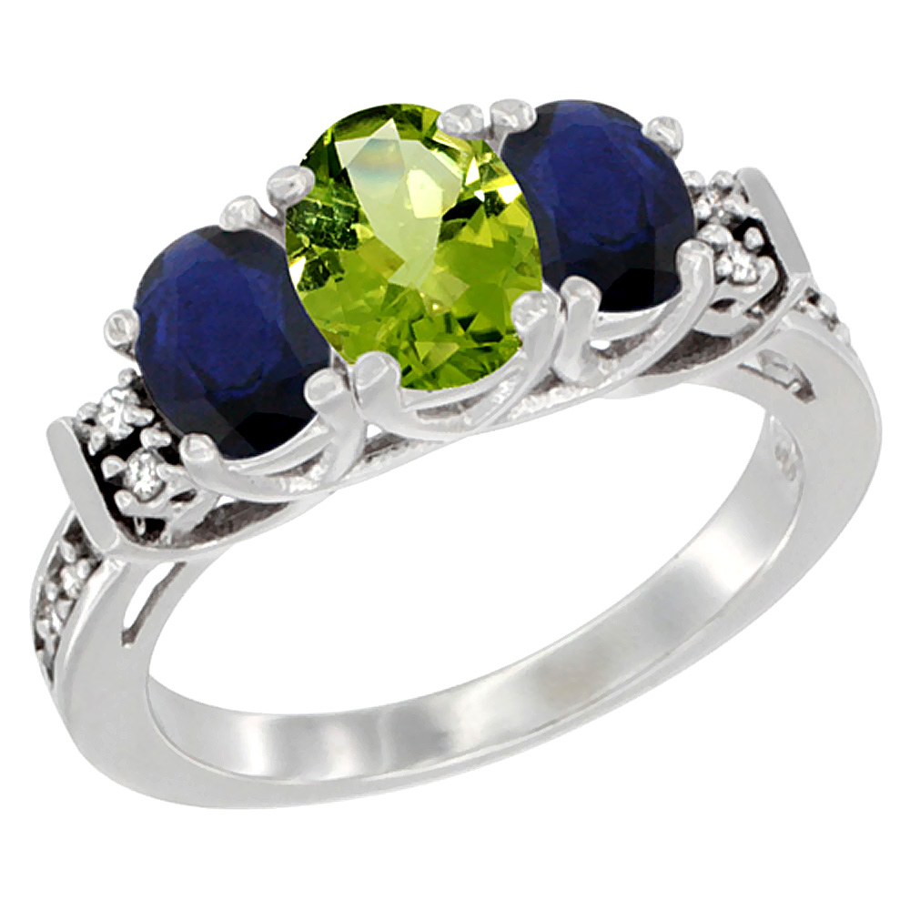 14K White Gold Natural Peridot &amp; Blue Sapphire Ring 3-Stone Oval with Diamond Accent