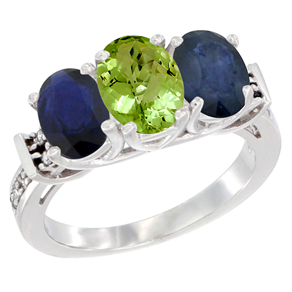 10K White Gold Natural Peridot & Blue Sapphire Sides Ring 3-Stone Oval Diamond Accent, sizes 5 - 10
