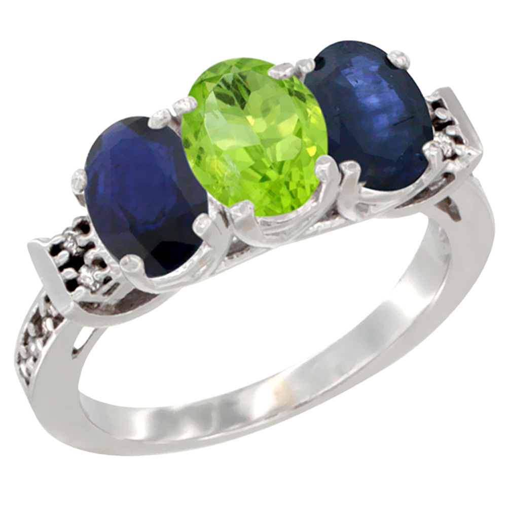 10K White Gold Natural Peridot &amp; Blue Sapphire Sides Ring 3-Stone Oval 7x5 mm Diamond Accent, sizes 5 - 10