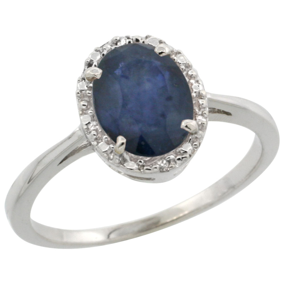 14K White Gold Natural Blue Sapphire Ring Oval 8x6 mm Diamond Halo, sizes 5-10