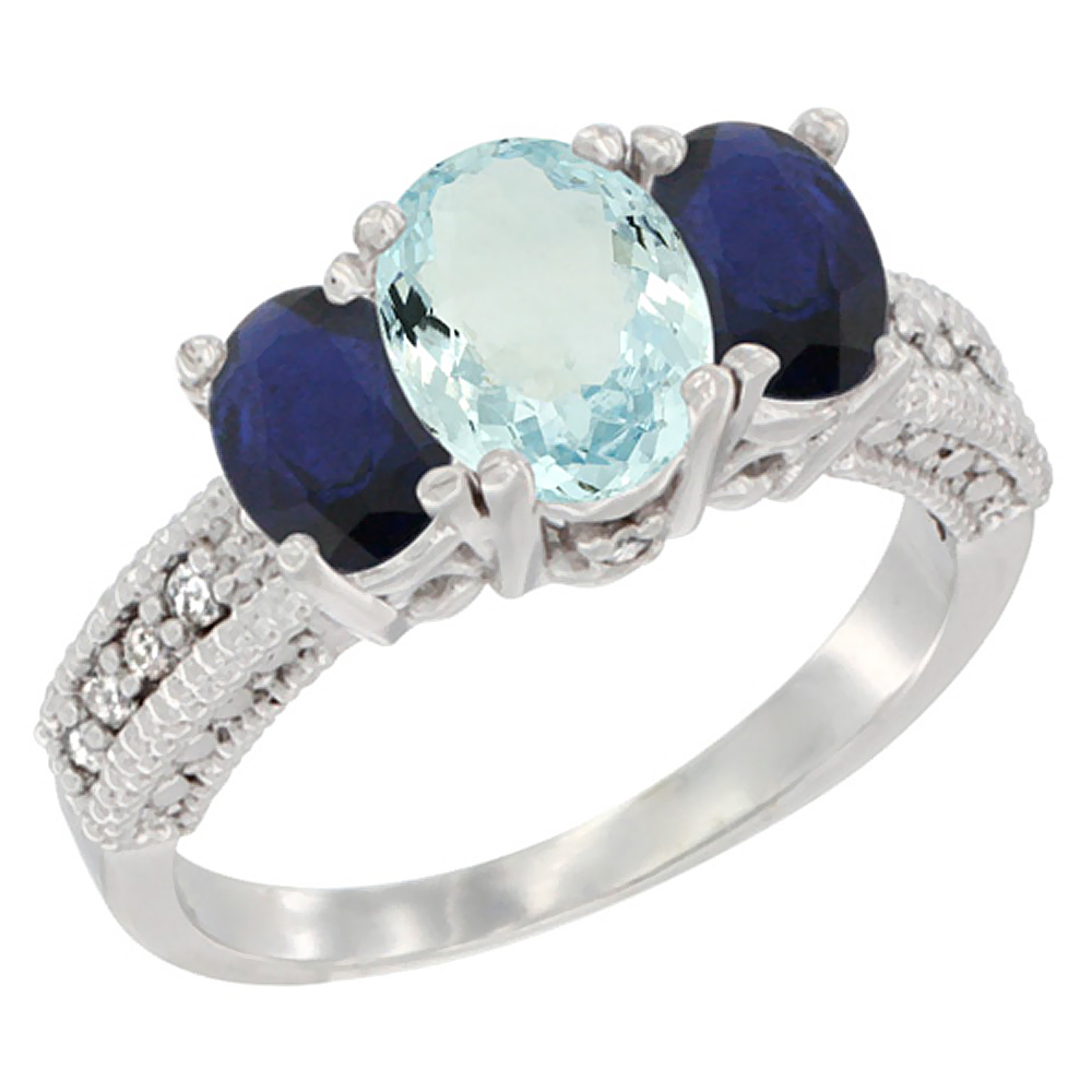 14k White Gold Ladies Oval Natural Aquamarine 3-Stone Ring with Blue Sapphire Sides Diamond Accent