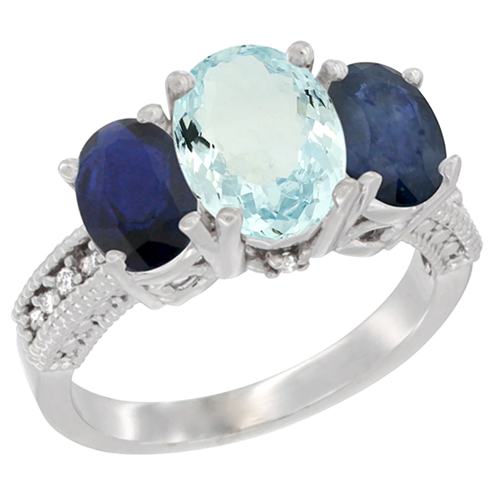 14K White Gold Diamond Natural Aquamarine Ring 3-Stone Oval 8x6mm with Blue Sapphire, sizes5-10