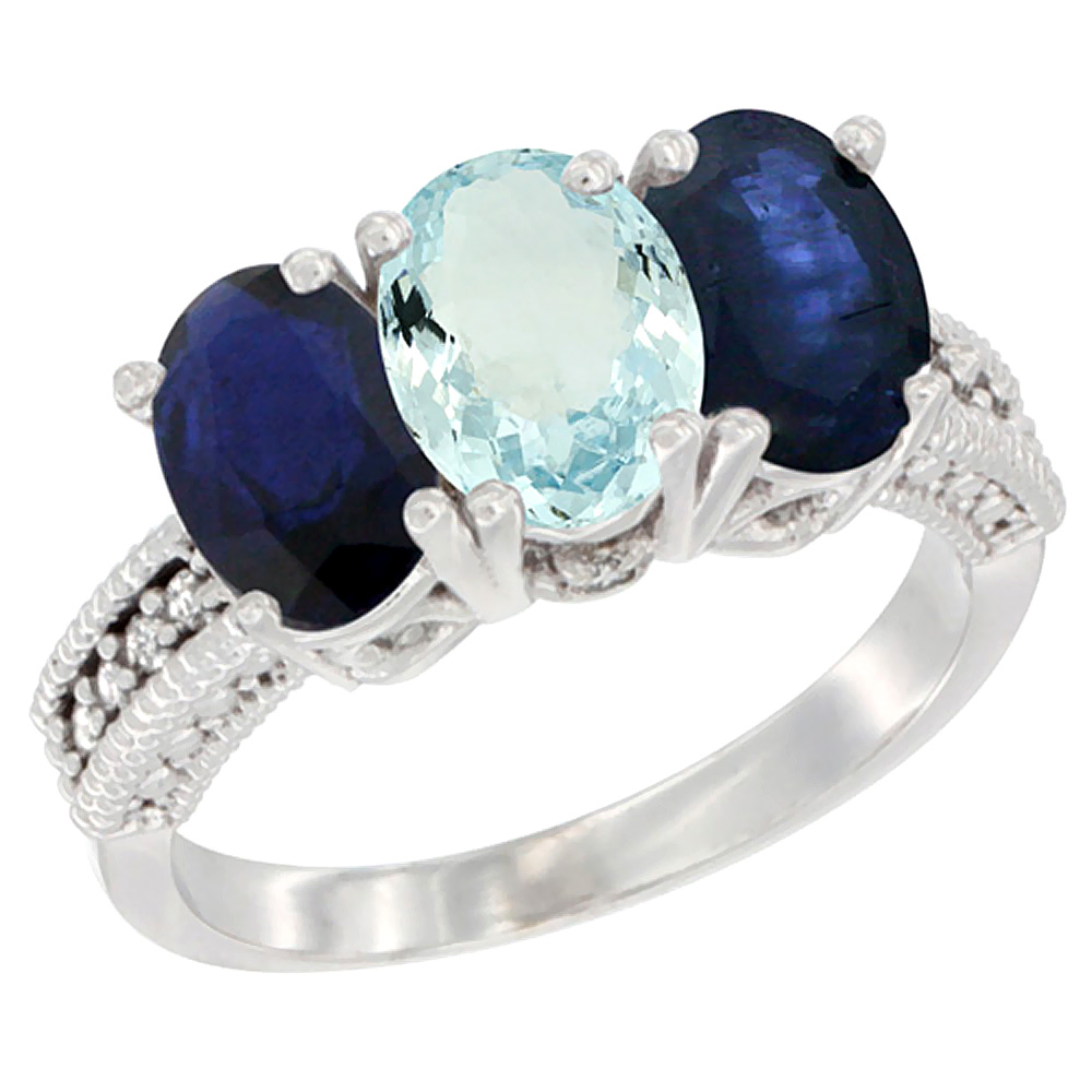 14K White Gold Natural Aquamarine &amp; Blue Sapphire Sides Ring 3-Stone 7x5 mm Oval Diamond Accent, sizes 5 - 10