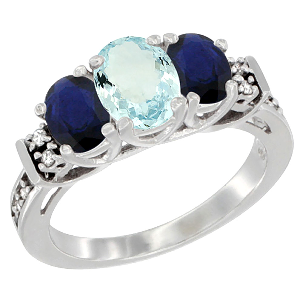 14K White Gold Natural Aquamarine & Blue Sapphire Ring 3-Stone Oval with Diamond Accent