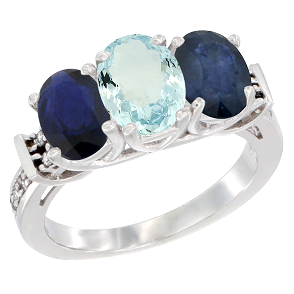 14K White Gold Natural Aquamarine & Blue Sapphire Sides Ring 3-Stone Oval Diamond Accent, sizes 5 - 10
