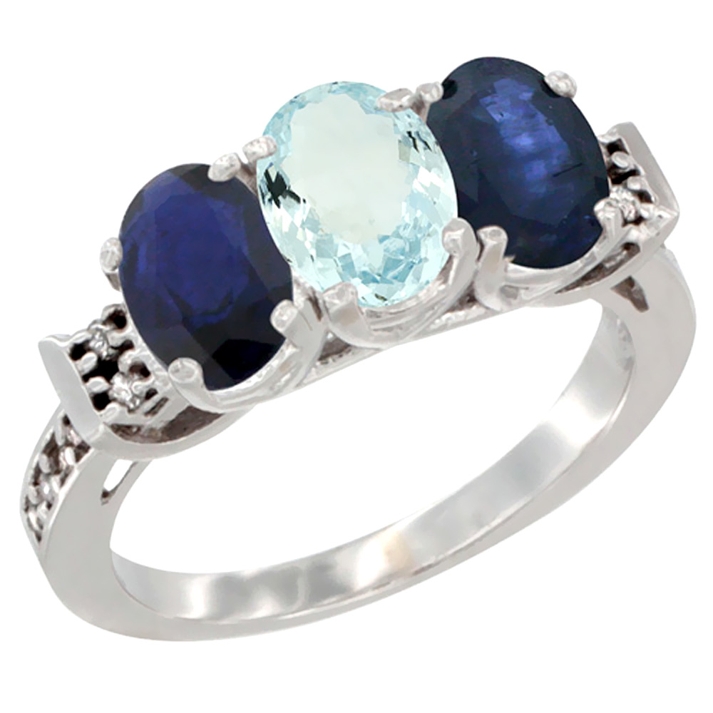 10K White Gold Natural Aquamarine & Blue Sapphire Sides Ring 3-Stone Oval 7x5 mm Diamond Accent, sizes 5 - 10