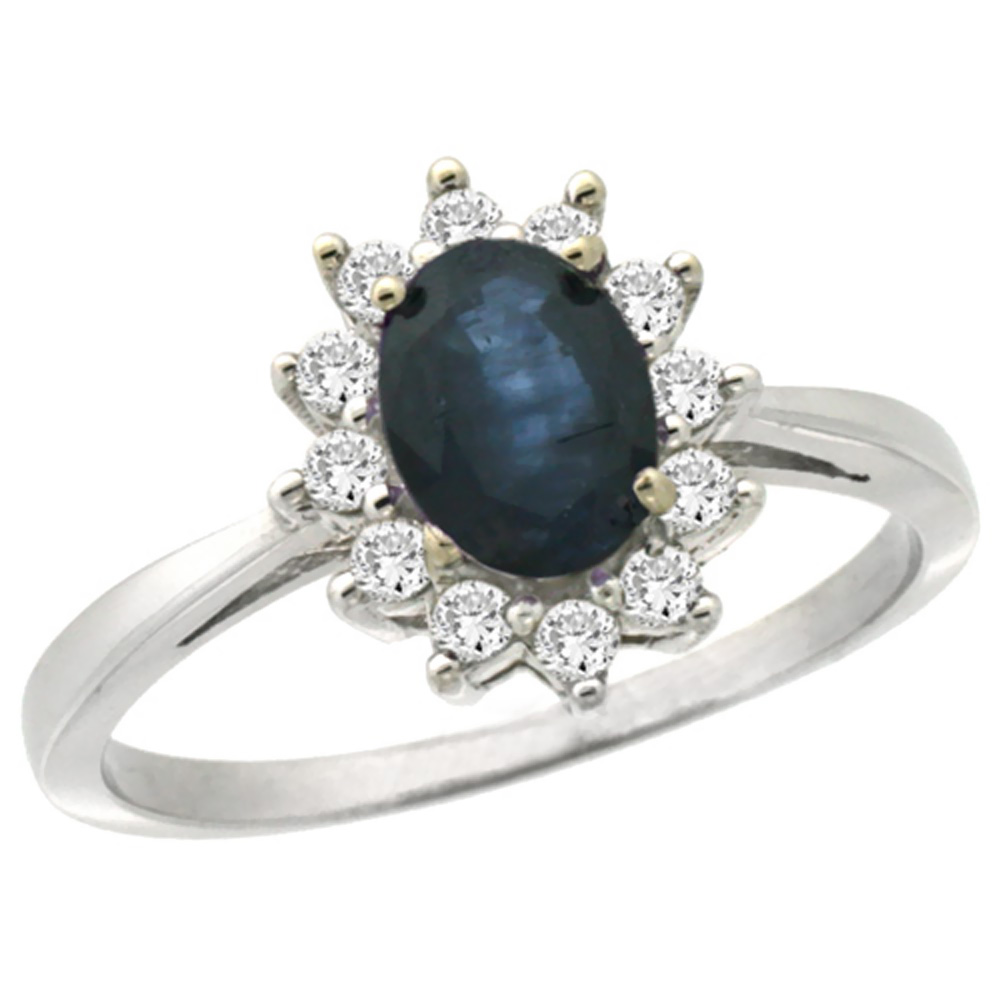 10k White Gold Natural Blue Sapphire Engagement Ring Oval 7x5mm Diamond Halo, sizes 5-10