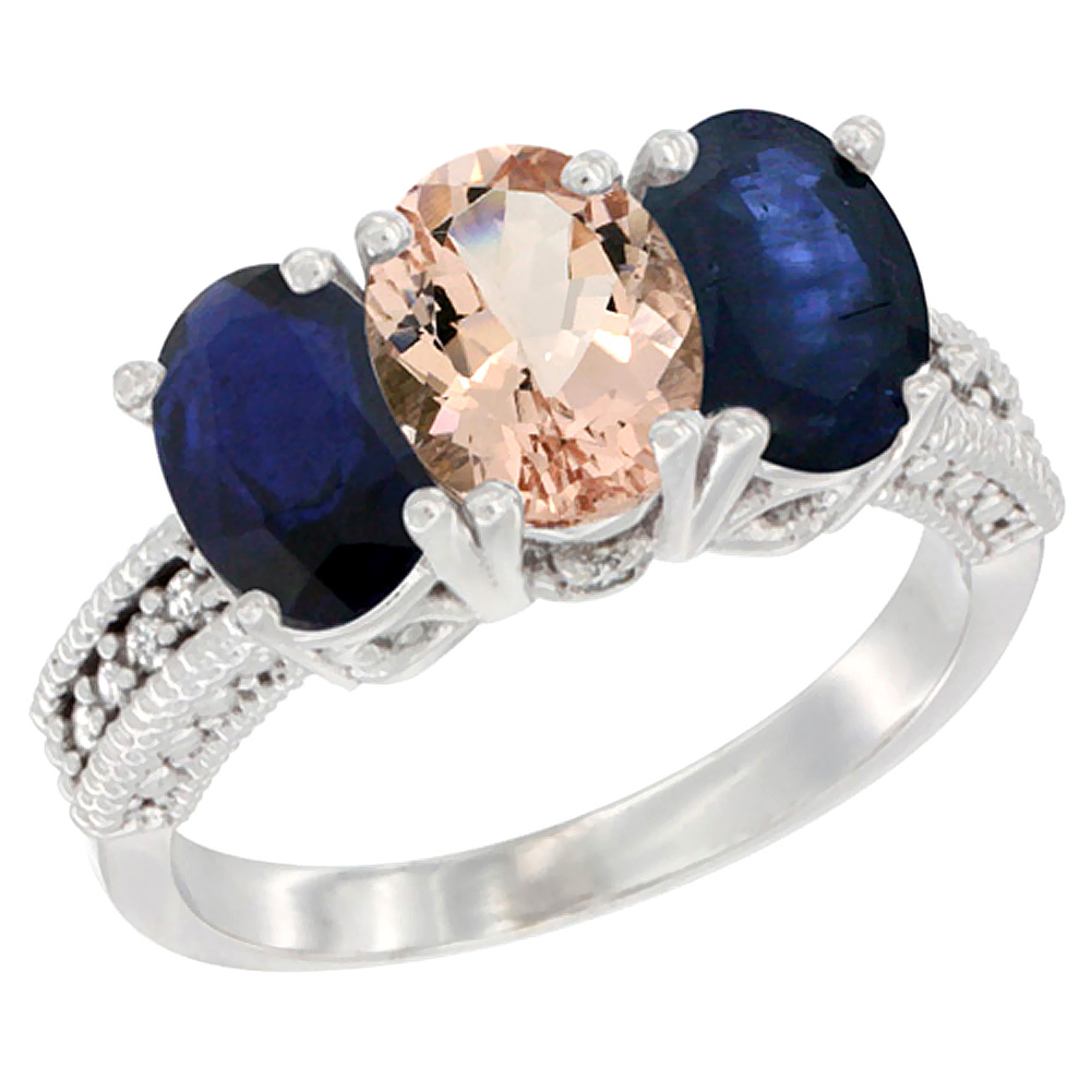 10K White Gold Diamond Natural Morganite &amp; Blue Sapphire Ring 3-Stone 7x5 mm Oval, sizes 5 - 10