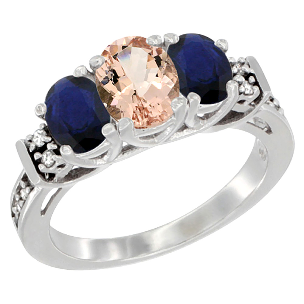 14K White Gold Natural Morganite &amp; Quality Blue Sapphire 3-stone Mothers Ring Oval Diamond Accent, sz5-10