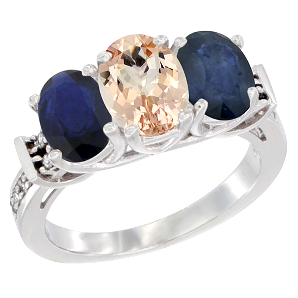 14K White Gold Natural Morganite & Blue Sapphire Sides Ring 3-Stone Oval Diamond Accent, sizes 5 - 10
