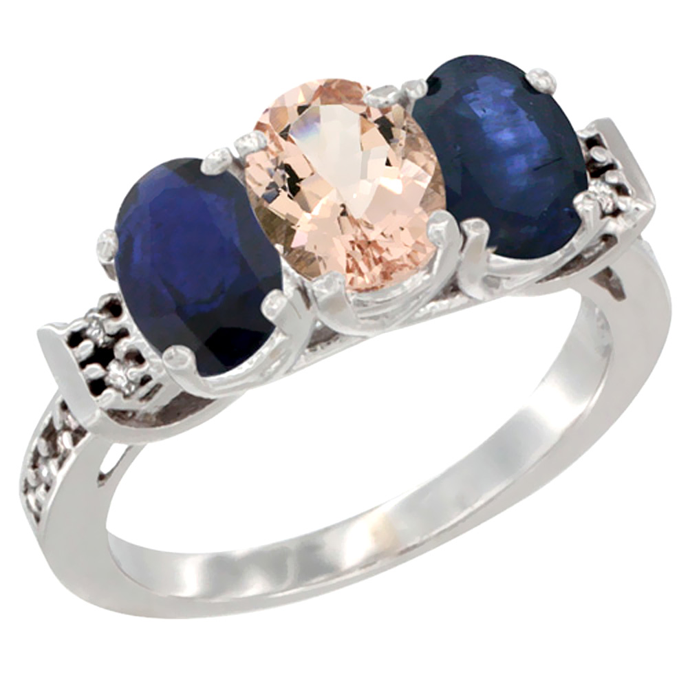 10K White Gold Natural Morganite & Blue Sapphire Sides Ring 3-Stone Oval 7x5 mm Diamond Accent, sizes 5 - 10