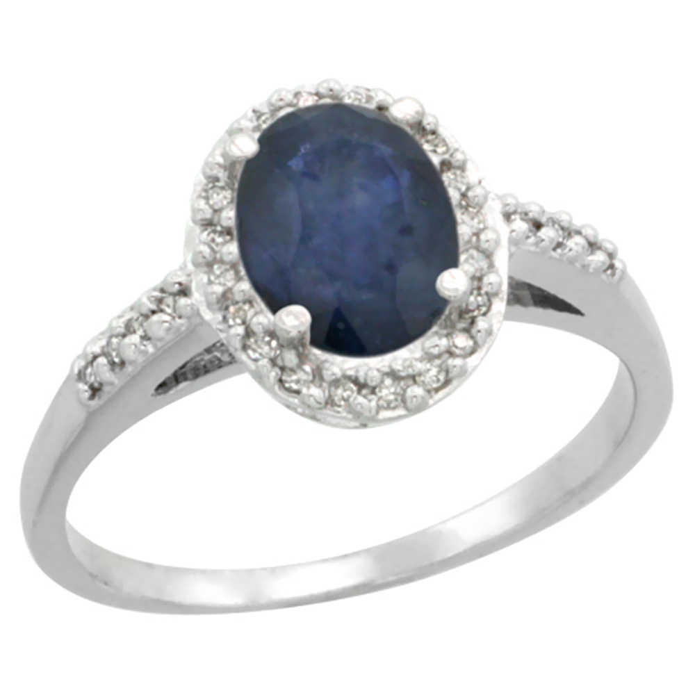 10K White Gold Natural Diamond Blue Sapphire Ring Oval 8x6mm, sizes 5-10