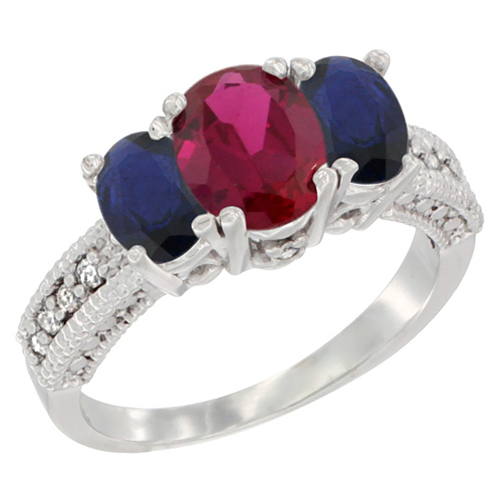 10K White Gold Ladies Oval Enhanced Ruby Ring 3-stone with Blue Sapphire Sides Diamond Accent