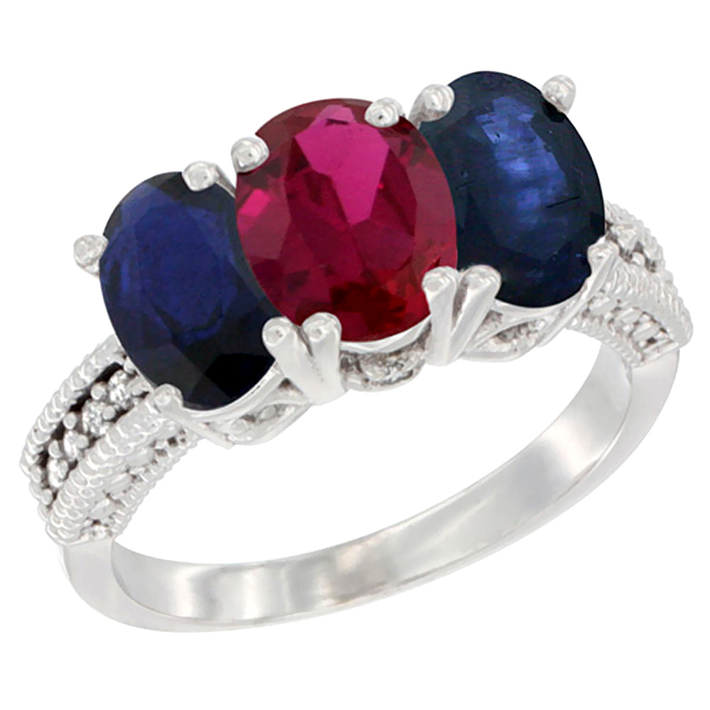 14K White Gold Enhanced Ruby &amp; Natural Blue Sapphire Sides Ring 3-Stone 7x5 mm Oval Diamond Accent, sizes 5 - 10