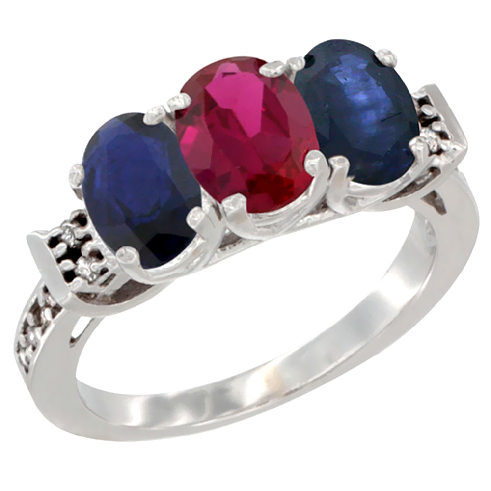 14K White Gold Enhanced Ruby &amp; Natural Blue Sapphire Sides Ring 3-Stone Oval 7x5 mm Diamond Accent, sizes 5 - 10